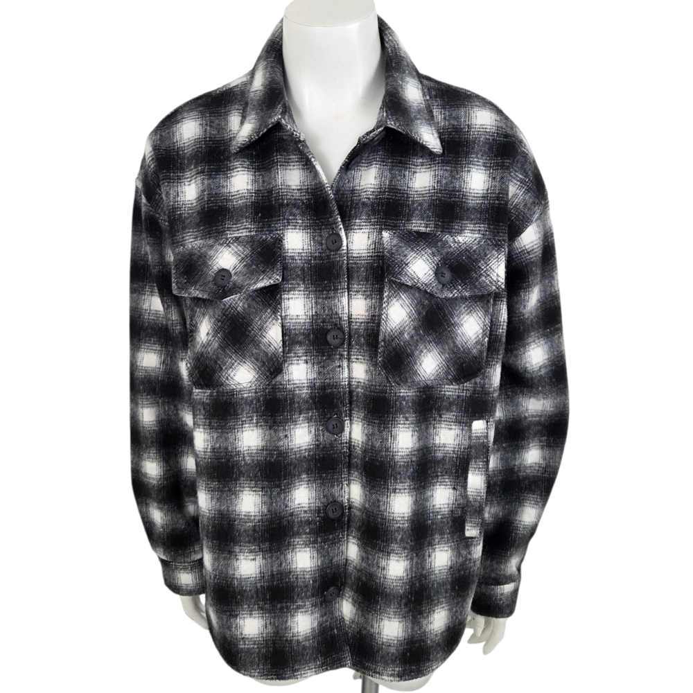 Thread & Supply Plaid Shacket Flannel Shirt Jacket NEW Womens Medium Black White - Picture 2 of 14